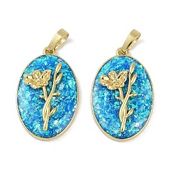 Темно-Голубой Стойки обшивки латунные подвески, с синтетическим опалом, долговечный, без свинца и без кадмия, реальный 18 k позолоченный, овальной формы с лотосом, глубокое синее небо, 25.5x16x4.5 мм, отверстие : 5.5x3 мм