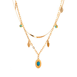 Ellipse Classic Minimalist Titanium Steel Necklace for Women with 18K Gold Plating and Turquoise Double Layered Design
