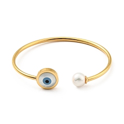 Doré  Bracelet manchette ouvert avec perles de coquillage et mauvais œil, 304 bijoux en acier inoxydable pour femme, or, diamètre intérieur: 1-3/4x2-1/4 pouce (4.35x5.55 cm)