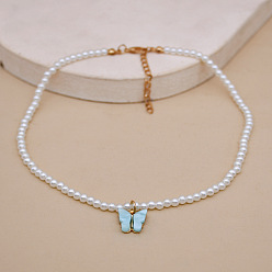 Синий Жемчужное ожерелье-бабочка – богемный стиль, Красочное колье из бисера для летнего многослойного образа.