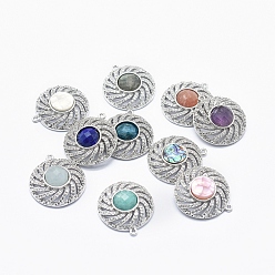 Silver Brass Micro Pave Cubic Zirconia Pendants, with Natural Gemstone/Shell, Flat Round, Clear, Silver Color Plated, 22x20x6mm, Hole: 1mm