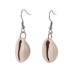 Shell Cowrie Shell Beads Dangle Earrings, with 304 Stainless Steel Earring Hooks, 43~44mm, pin: 0.7mm