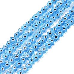 Deep Sky Blue Handmade Millefiori Glass Bead Strands, Flower, Deep Sky Blue, 5.5~8x2.5mm, Hole: 1mm, about 64~67pcs/strand, 15.75 inch~16.34 inch(40~41.5cm)