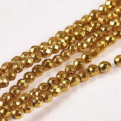 Golden Plated Electroplate Non-magnetic Synthetic Hematite Beads Strands, Faceted, Round, Grade A, Golden Plated, 4mm, Hole: 1mm, about 100pcs/strand, 16 inch