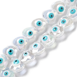 White Transparent Evil Eye Glass Beads Strands, with Enamel, Faceted, Heart, White, 10x10x6~7.5mm, Hole: 1.2mm, about 40pcs/strand, 14.25''(36.2cm)
