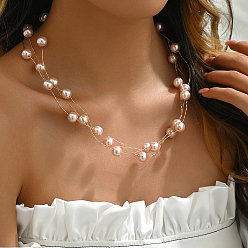 Pink Элегантные многослойные позолоченные женские ожерелья из латуни и круглого стекла, розовые, 19.69 дюйм (50 см)