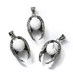 Говлит Натуральные круглые подвески из говлита, антикварные посеребренные латунные подвески в виде крыльев ангела, стойки покрытие, без свинца и без кадмия, 31~32x17.5~19x12.5~14 мм, отверстие : 5.5x3.5 мм