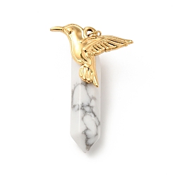 Howlite Bird Natural Howlite Pointed Pendants, with Ion Plating(IP) Platinum & Golden Tone 304 Stainless Steel Findings, Faceted Bullet Charm, 40.5mm, Bird: 19.5x25.5x2.5mm, Bullet: 33.5x8.5x8mm, Hole: 3.4mm