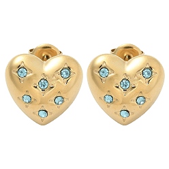 Бледно-бирюзовый Ионное покрытие (ip) 304 серьги-гвоздики из нержавеющей стали, со стразами, реальный 14 k позолоченный, сердце, бледные бирюзовая, 14.5x15 мм