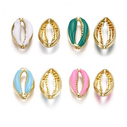 Mixed Color Alloy Enamel Beads, Cowrie Shell Shape, Light Gold, Mixed Color, 16.5x10x4.5mm, Hole: 1.2mm