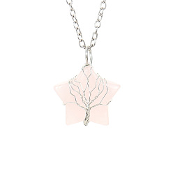 Rose Quartz Natural Rose Quartz Star Pendant Necklace, with Platinum Alloy Chains, 20.87 inch(53cm)