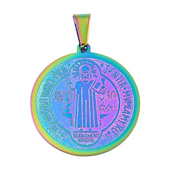 Rainbow Color Модные колье с ионным покрытием (IP) плоской круглой формы с подвесками из нержавеющей стали сан-бенито 304, Радуга цветов, 33x30x1.5 мм, отверстие : 8x5 мм