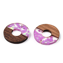 Violet Transparent Resin & Walnut Wood Pendants, Donut/Pi Disc Charms with Heart Paillettes, Waxed, Violet, Donut Width: 13mm, 28x3.5mm, Hole: 2mm
