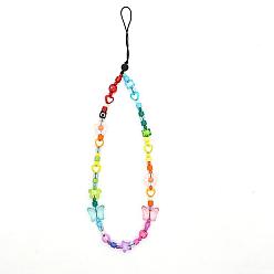 Colorful Rainbow Color Butterfly & Heart & Flower Bead Chain Mobile Straps, Enamel & Plastic Anti-Lost Cellphone Wrist Lanyard, for Car Key Purse Phone Supplies, Colorful