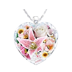 Pink Heart Glass Pendant Necklaces with Rhinestone, with Platinum Alloy Chains, Pink, Pendant: 23x25mm