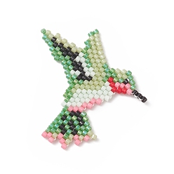 Green Handmade Loom Pattern MIYUKI Seed Beads, Woodpecker Pendants, Green, 37x37x1.4mm