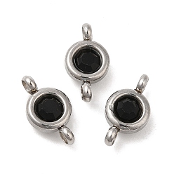 Jet 304 Stainless Steel Single Rhinestone Connector Charms, Flat Round Links, Stainless Steel Color, Jet, 12x6.5x4mm, Hole: 2mm