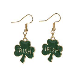 Golden Green Enamel Clover with Word Irish Dangle Earrings, Saint Patrick's Day Alloy Earrings for Women, Golden, Pendant: 20x24mm