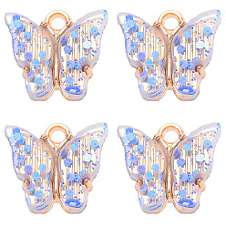 Royal Blue Transparent Acrylic Charms, with Golden Tone Alloy Findings and Sequins, Butterfly Charm, Royal Blue, 14x14mm