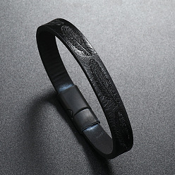 Black Feather Imitation Leather Flat Cord Bracelet with Stainless Steel Magnetic Clasp, Black, 8-1/4~8-5/8 inch(21~22cm)