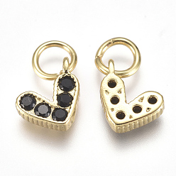 Black Brass Micro Pave Cubic Zirconia Charms, with Jump Ring, Long-Lasting Plated, Real 18K Gold Plated, Heart, Black, 6x8x2mm, Hole: 3mm