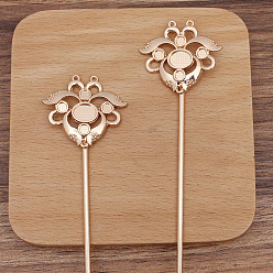 Light Gold Lotus Alloy Hair Sticks Findings, Cabochons Settings, with Iron Sticks and Loop, Light Gold, 120x35mm, Tray: 7x9mm