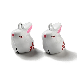 White Brass Bell Pendants, Spary Printed, Rabbit with Cherry Blossoms Charm, White, 22x20x15mm, Hole: 2mm