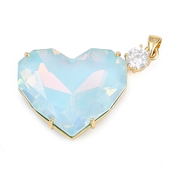 Светло-Голубой Латунные микро проложить кубического циркония подвески, со стеклом, сердце прелести, стойки покрытие, без кадмия и без свинца, долговечный, реальный 18 k позолоченный, Небесно-голубой, 24.5x37x11.5 мм, отверстие : 4.5x3.5 мм