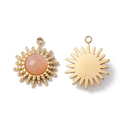 Sunstone Natural Sunstone Pendants, with Ion Plating(IP) Real 24K Gold Plated 304 Stainless Steel Findings, Faceted, Sun Charm, 17x14x1mm, Hole: 1.4mm