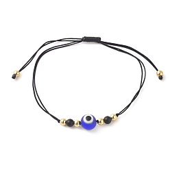 Black Fashion Braided Bead Bracelets, with Natural Black Agate(Dyed) Beads, Evil Eye Lampwork Beads, Brass Beads and Nylon Thread, Black, 10-3/8 inch(26.4cm)