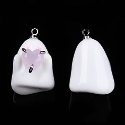 White Halloween Opaque Resin Enamel Pendants, with Platinum Plated Brass Loops and Pink Cubic Zirconia, Ghost Charm with Heart, White, 24~25x16x18.5~19.5mm, Hole: 1.6mm
