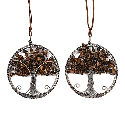 Тигровый глаз Подвесные украшения из латуни и натурального тигрового глаза, плоский круглый с подвесными украшениями в виде дерева жизни, 390~400 мм