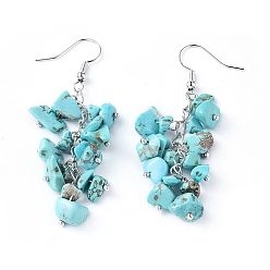 Synthetic Turquoise Dangle Earrings, Cluster Earrings, with Synthetic Turquoise Chips and Platinum Plated Brass Earring Hooks, 60~63mm, Pin: 0.5mm