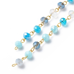 Light Sky Blue Handmade Electroplate Glass Faceted Rondelle Beaded Chains, with Iron Eye Pins, Unwelded, Light Sky Blue, 13.5x8mm, about 3.28 Feet(1m)/Strand