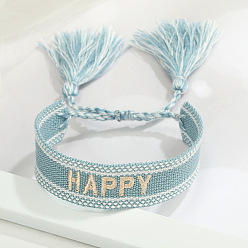 Light blue pink HAPPY. Embroidered Tassel Bracelet with Personalized Alphabet Design - Fashionable Couple's Wristband in Multiple Styles