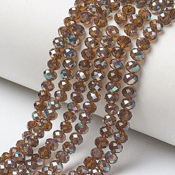 Sienna Electroplate Glass Beads Strands, Half Plated, Rainbow Plated, Faceted, Rondelle, Sienna, 3.5x3mm, Hole: 0.4mm, about 123~127pcs/strand, 13.7~14.1 inch(35~36cm)