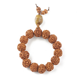 Sienna Mala Beads Bracelet, Round Natural Rudraksha Beaded Stretch Bracelet for Women, with Plastic Tortoise, Sienna, Inner Diameter: 2-1/4 inch(5.6cm)
