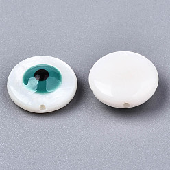Light Sea Green Natural Freshwater Shell Beads, with Enamel, Flat Round with Evil Eye, Light Sea Green, 10.5x4~5mm, Hole: 0.8mm