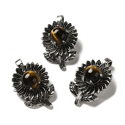 Тигровый глаз Природных тигровый глаз подвески, покрытие стойки, антикварные серебряные тона, латунные подвески с цветами, без кадмия и без свинца, 34x22x10 мм, отверстие : 7.5x3.5 мм
