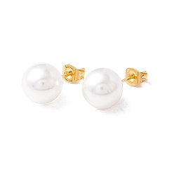 Golden 6 Pair Shell Pearl Round Ball Stud Earrings, 304 Stainless Steel Post Earrings for Women, White, Golden, 22x10mm, Pin: 1mm