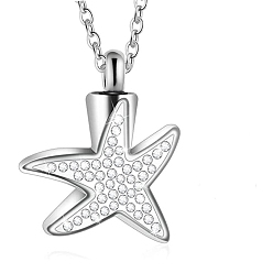 Stainless Steel Color Crystal Rhinestone Starfish Urn Ashes Pendant Necklace, Stainless Steel Memorial Jewelry for Men Women, Stainless Steel Color, Pendant: 24x18mm