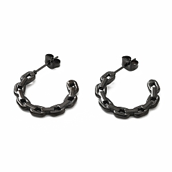 Electrophoresis Black Ion Plating(IP) 304 Stainless Steel Chain Link Shape Stud Earrings, Half Hoop Earrings for Women, Electrophoresis Black, 19x22x2mm, Pin: 0.7mm