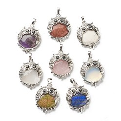 Mixed Stone Mixed Gemstone Pendants, with Platinum Tone Brass Findings, Flat Round with Owl, 36~36.5x27.5~28.5x9.5~10mm, Hole: 6.5x4mm