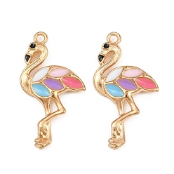 Light Gold Alliage avec pendentifs en émail coloré, breloques en forme de flamant rose, or et de lumière, 29.5x16x3mm, Trou: 1.6mm