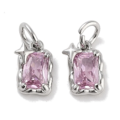 Pink Латунные микро проложить кубического циркония прелести, с целью перехода в кольце, прямоугольник со звездой, платина, розовые, 9.5x6x3 мм, отверстие : 3 мм
