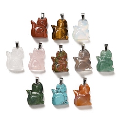 Mixed Stone Natural & Synthetic Mixed Gemstone Pendants, Cat Shape Charms with Platinum Plated Iron Snap on Bails, 28~29x19~21x9~11.5mm, Hole: 7x3.5mm