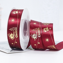 Dark Red 22M Flat Christmas Gift Box Printed Polyester Satin Ribbons, Hot Stamping Ribbons, Dark Red, 1 inch(25mm), about 24.06 Yards(22m)/Roll