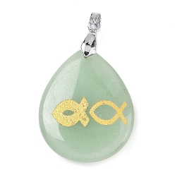 Зеленый Авантюрин Естественный зеленый авантюрин подвески, с реечной обшивкой латунными выводами, без кадмия и без свинца, подвеска в виде слезинки с рыбкой, 31x25x5~7 мм, отверстие : 4.5x4 мм