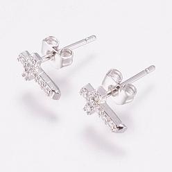 Platinum Brass Micro Pave Cubic Zirconia Stud Earrings, with Ear Nuts, Cross, Platinum, 8x5x2mm, pin: 1mm