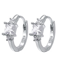 Platinum Rhodium Plated 925 Sterling Silver Hoop Earring, with with 925 Stamp, Rectangle, Platinum, 12x4mm, Pin: 0.6mm